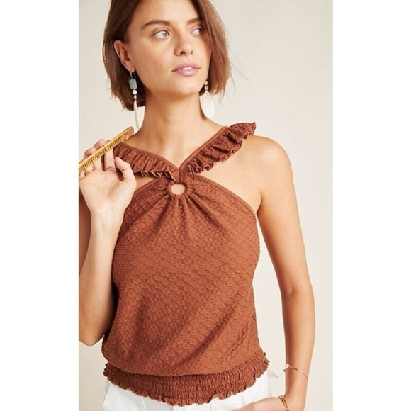 Anthropologie Marisol Ruffled Halter Top‎ Textured Brown Medium Summer Stretchy - Picture 1 of 7